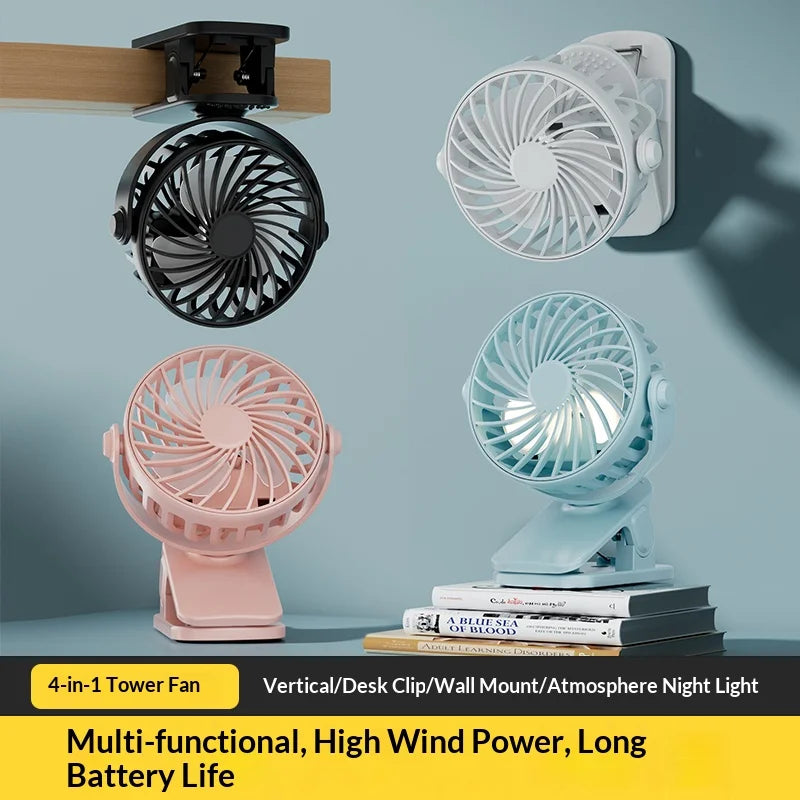 Portable Rechargeable Clip Fan 720° Rotatable Hanging Fan with Night Light Air Cooler for Outdoor Camping Ventilador