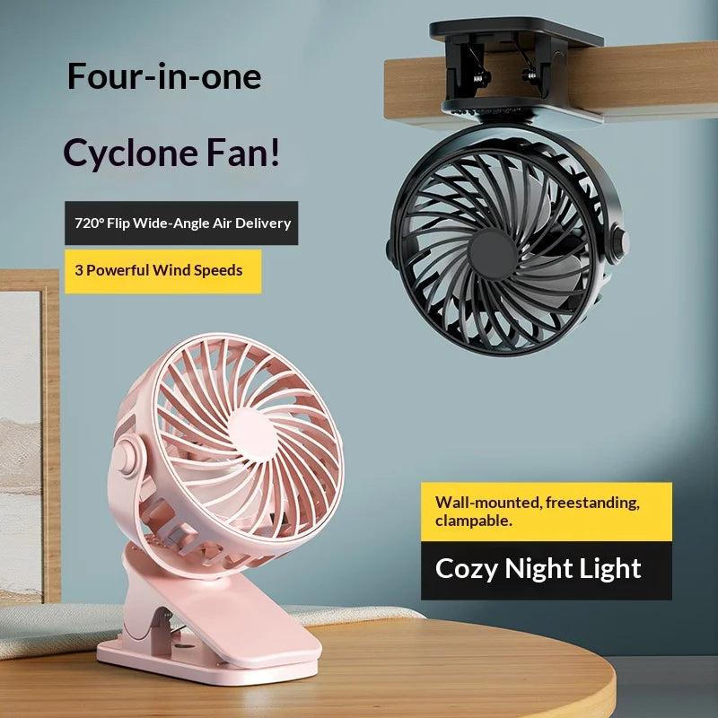 Portable Rechargeable Clip Fan 720° Rotatable Hanging Fan with Night Light Air Cooler for Outdoor Camping Ventilador